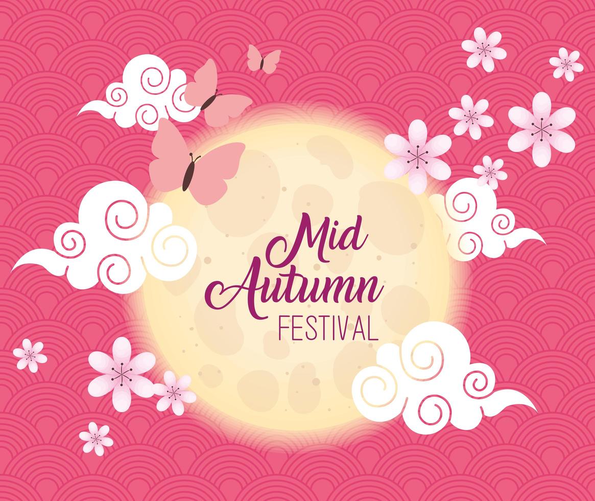 chinese mid autumn festival with butterflies, clouds, moon and flowers vector