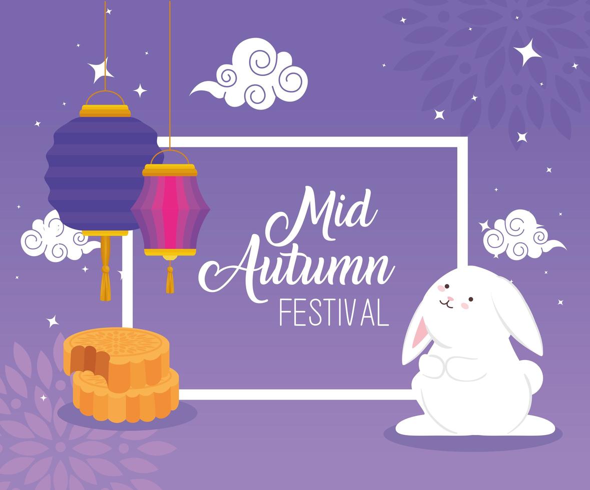 festival chino del medio otoño con conejo, linternas colgando y pastel de luna vector