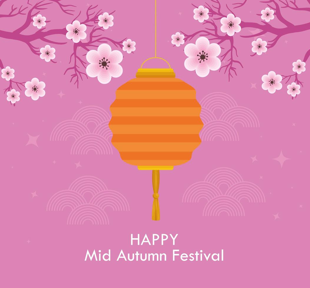 chinese mid autumn festival with lanterns hanging and flowers decoration vector