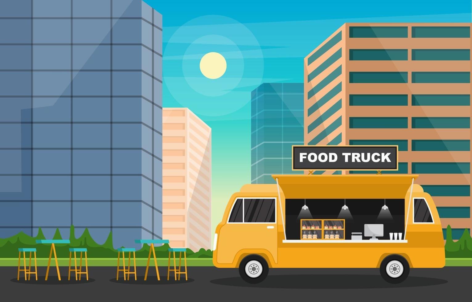camión de comida en la calle de la ciudad vector