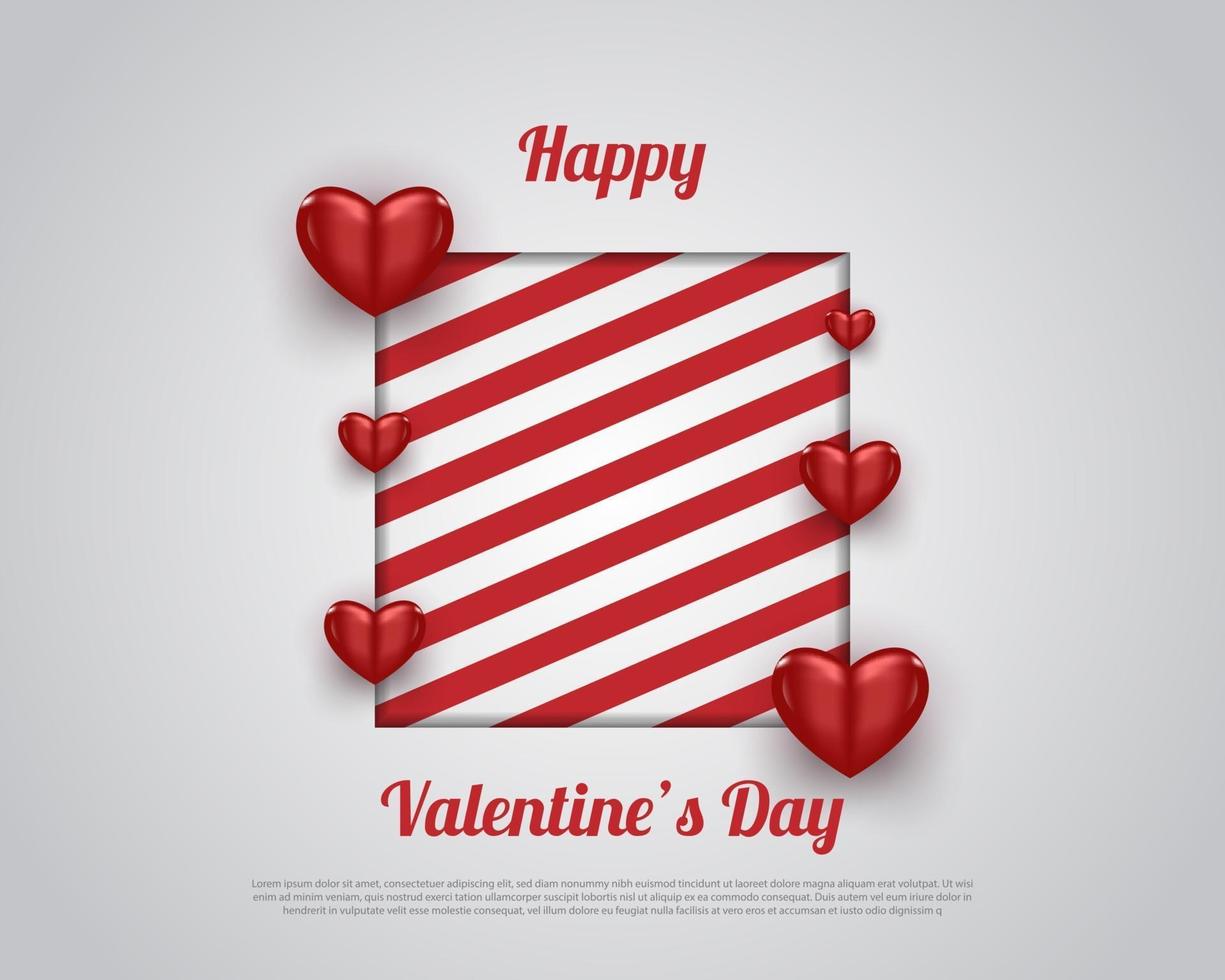 Feliz día de San Valentín pancarta o póster con rayas rojas y corazón rojo sobre fondo blanco. Fondo romántico con objetos decorativos 3d. ilustración vectorial vector