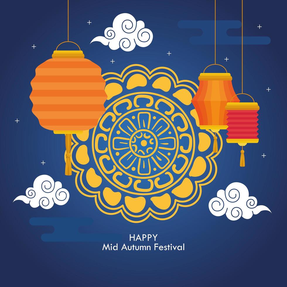 chinese mid autumn festival with mooncake and lanterns hanging vector