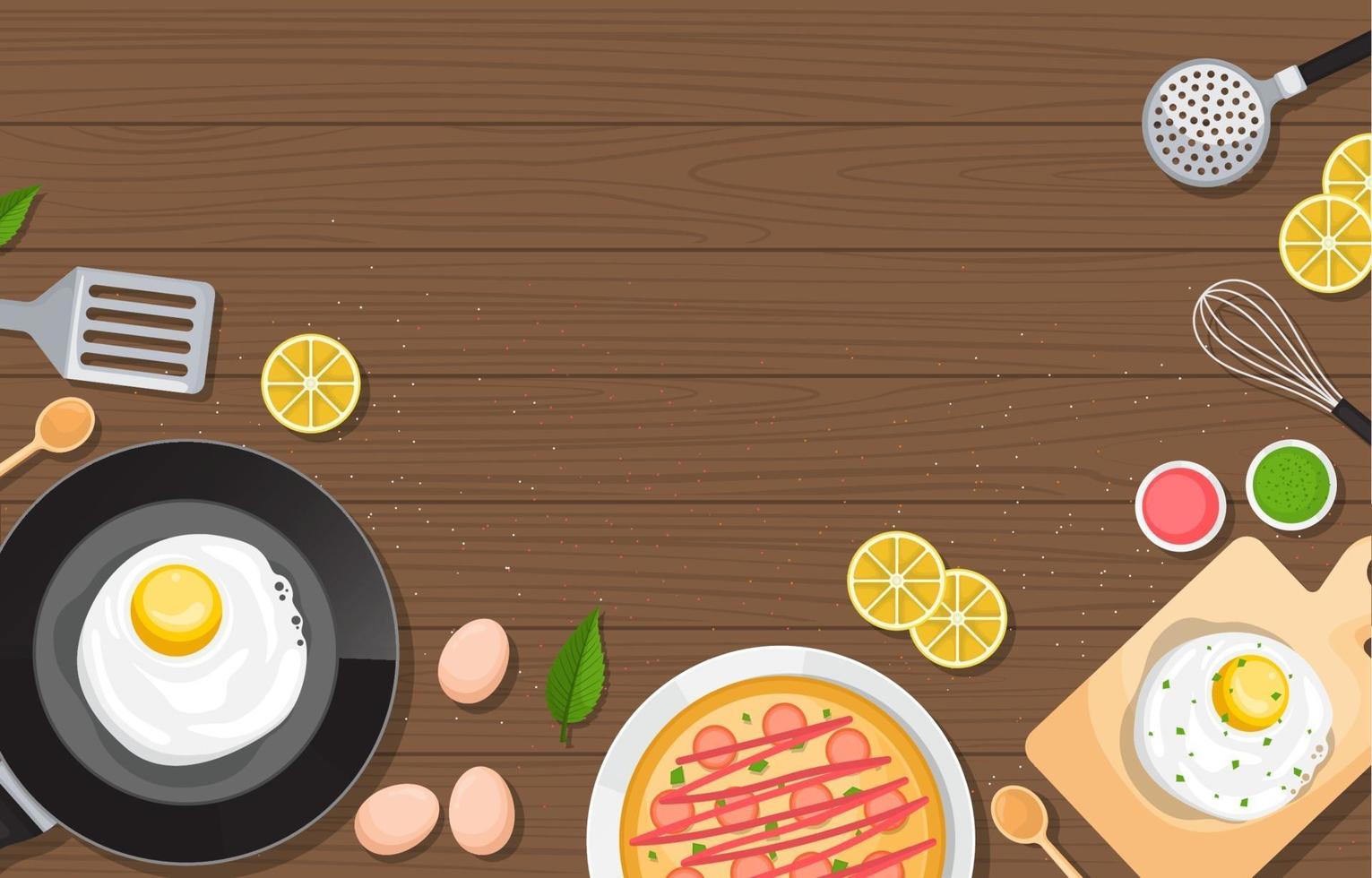 huevos, pizza y utensilios de cocina en la mesa de madera vector