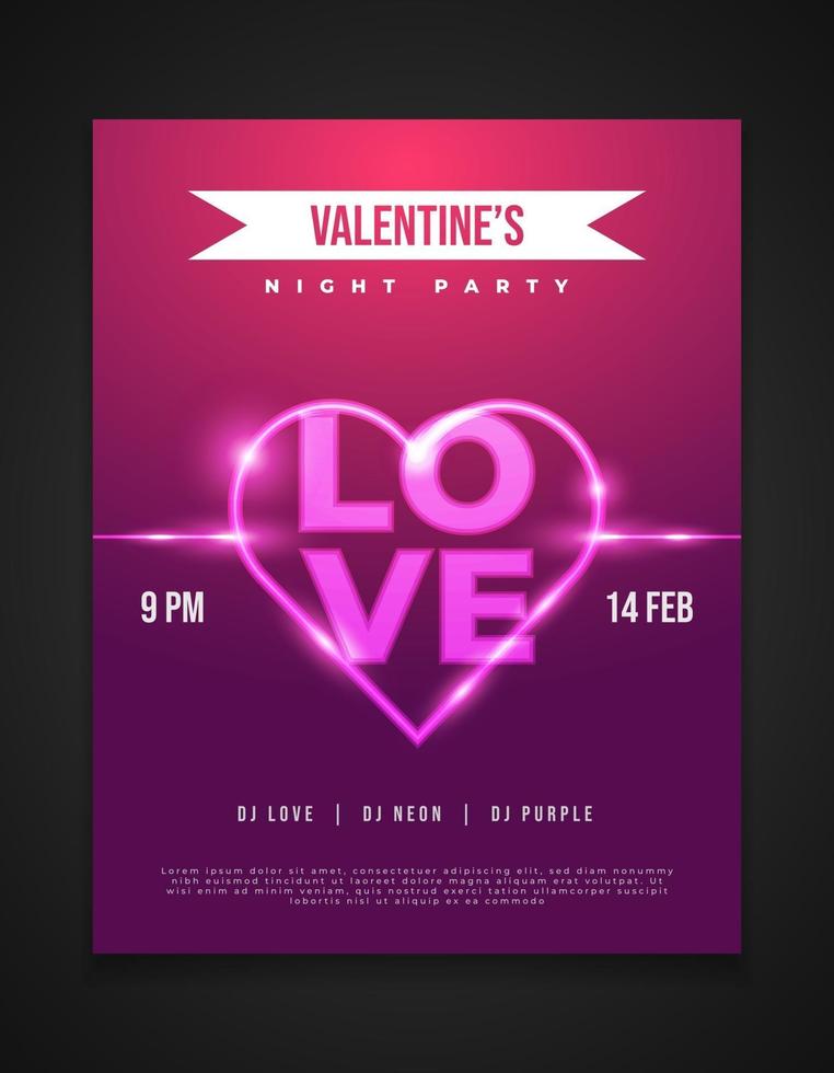 Valentine's night party invitation card or poster design with neon heart and glowing love word vector