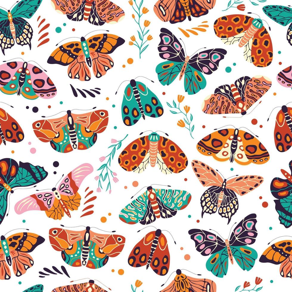 patrón sin fisuras con coloridas mariposas y polillas dibujadas a mano sobre fondo blanco. insectos voladores estilizados con flores y elementos decorativos, ilustración vectorial. vector