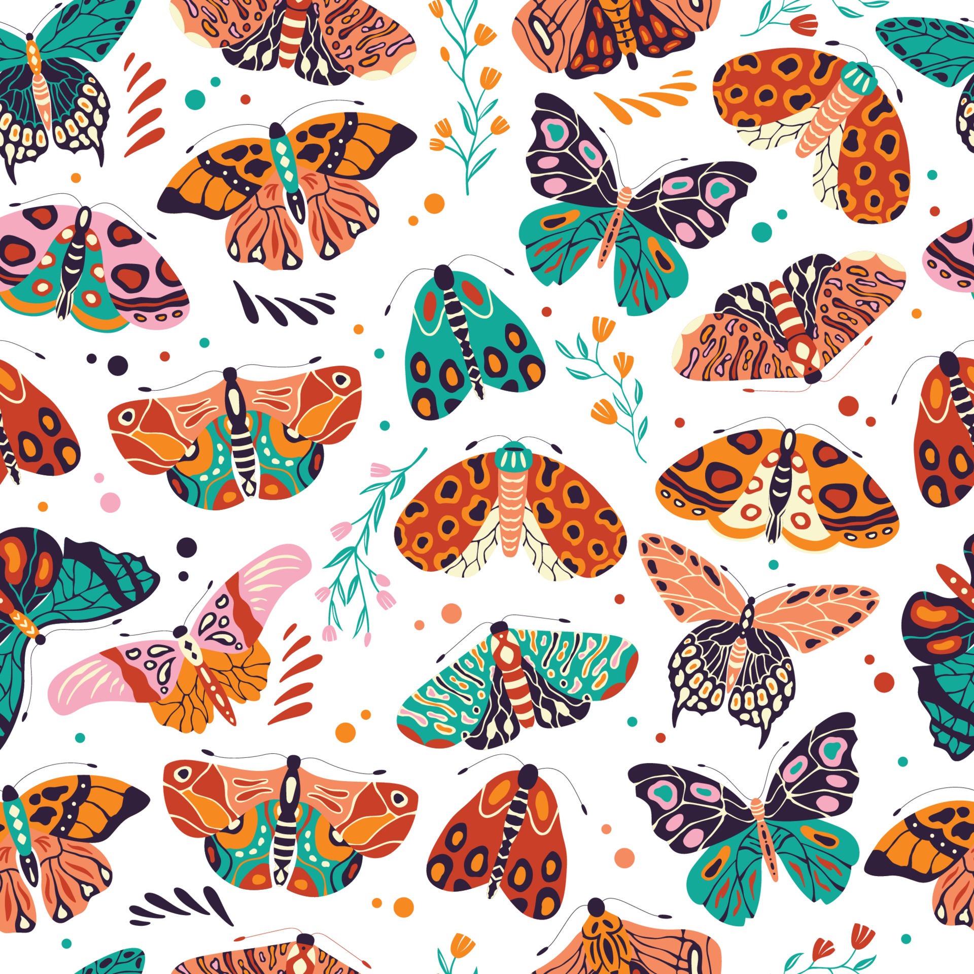 Seamless pattern with colorful hand drawn butterflies and moths on