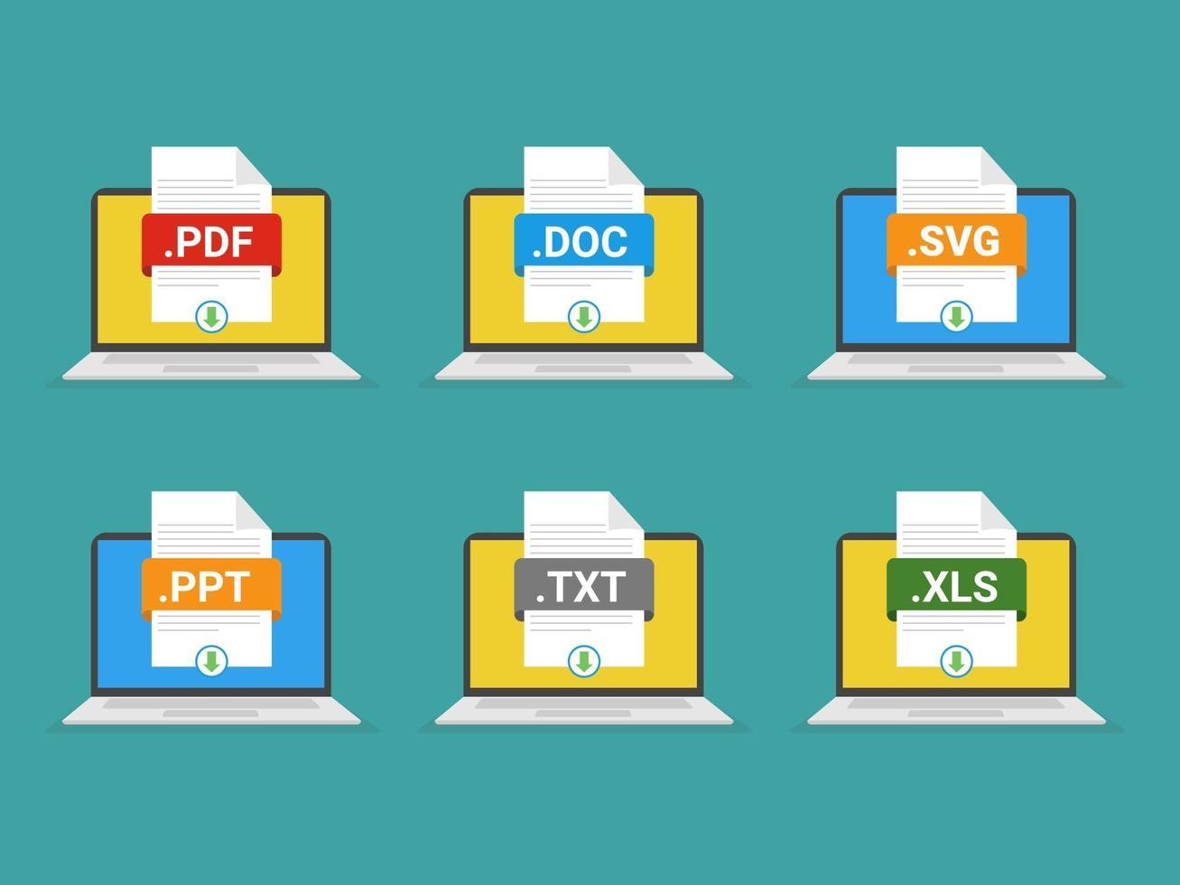 File formats on laptop flat icons set. White paper document pictograms with different file types, extensions. Web design graphic elements. Vector stock illustration.