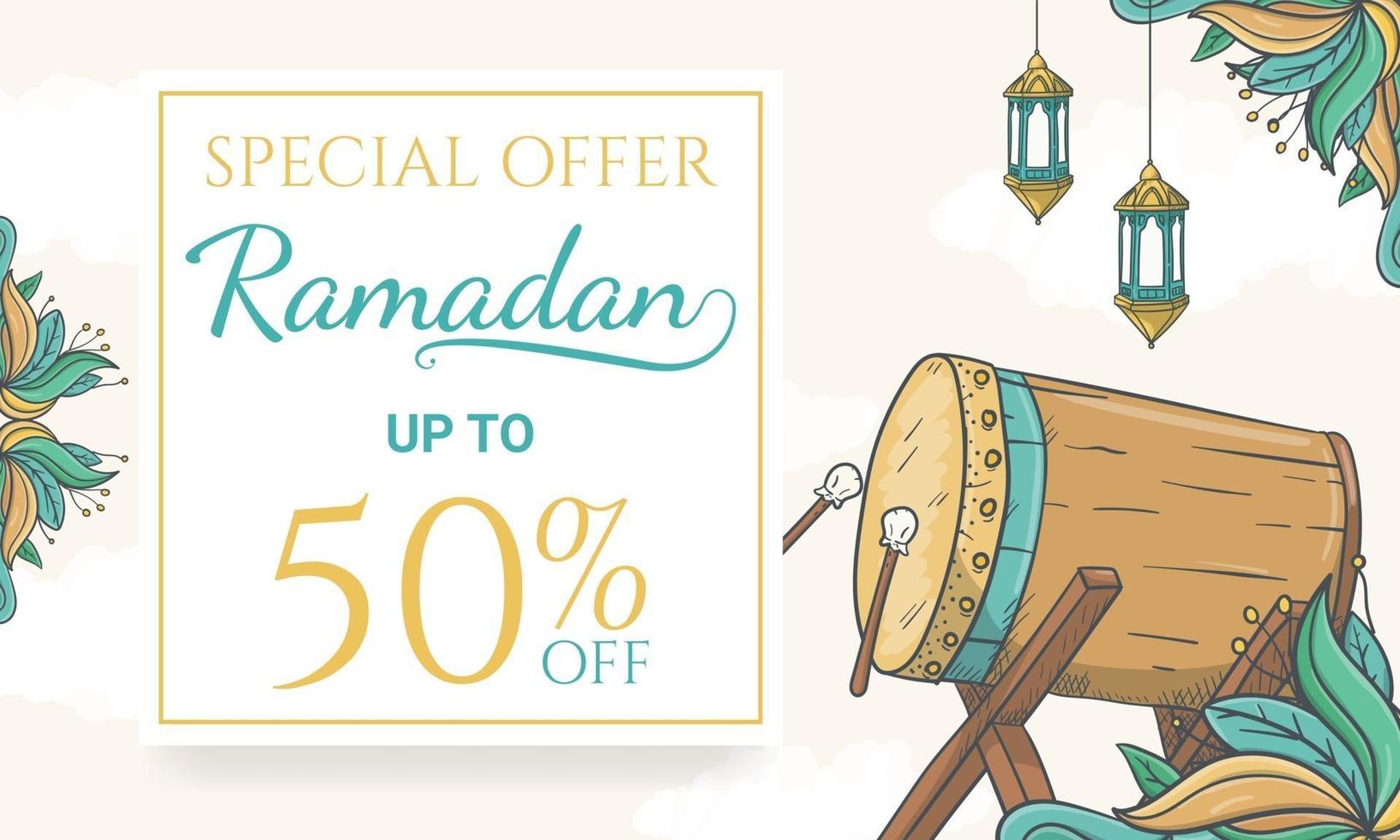 banner de venta de ramadán dibujado a mano con ilustración de adorno islámico vector