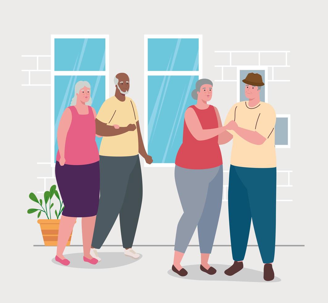 cute old couples dancing in the house vector