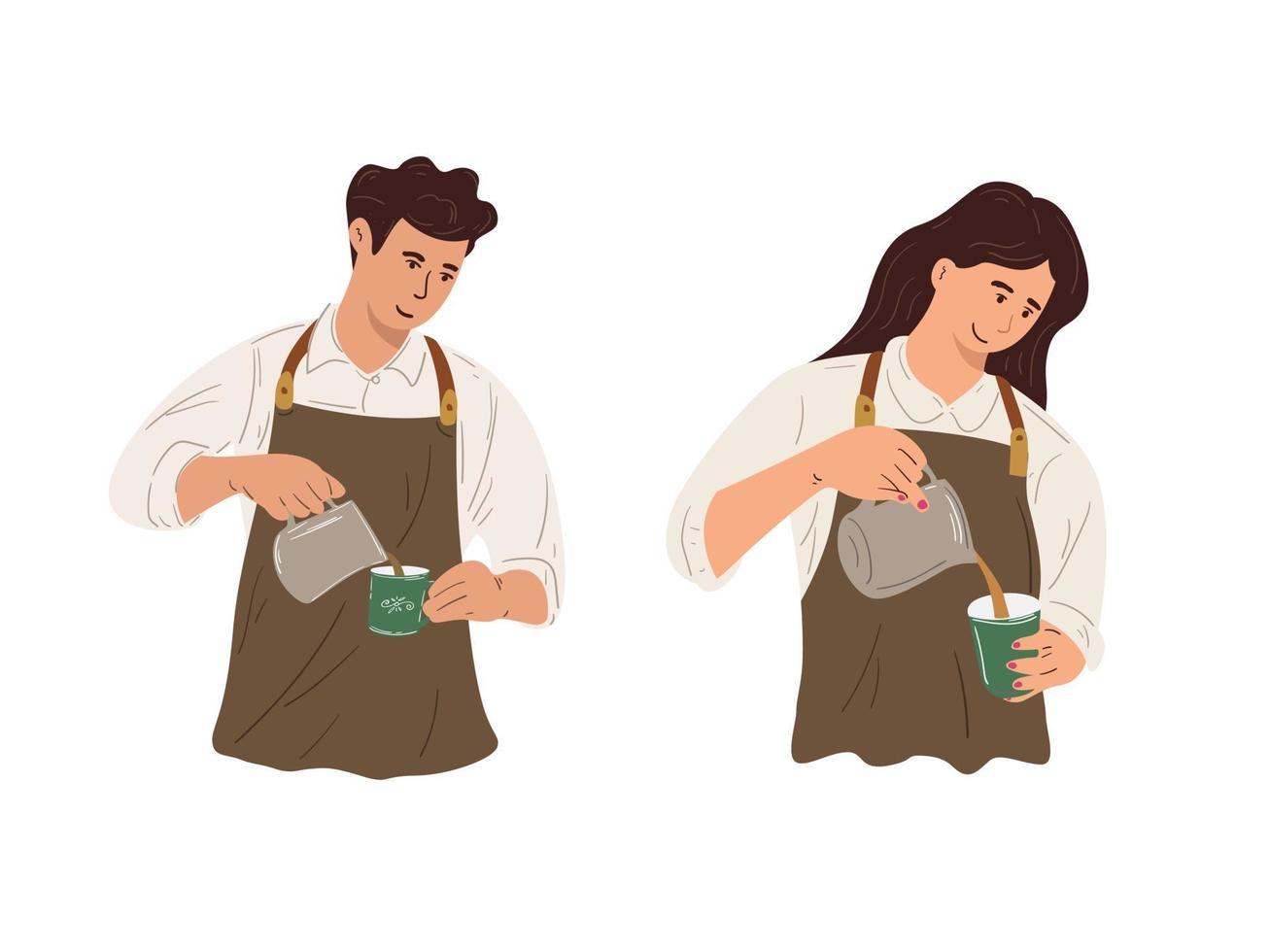 Vector illustration man and woman workers working as coffee shop baristas, baristas pouring and processing coffee preparations.