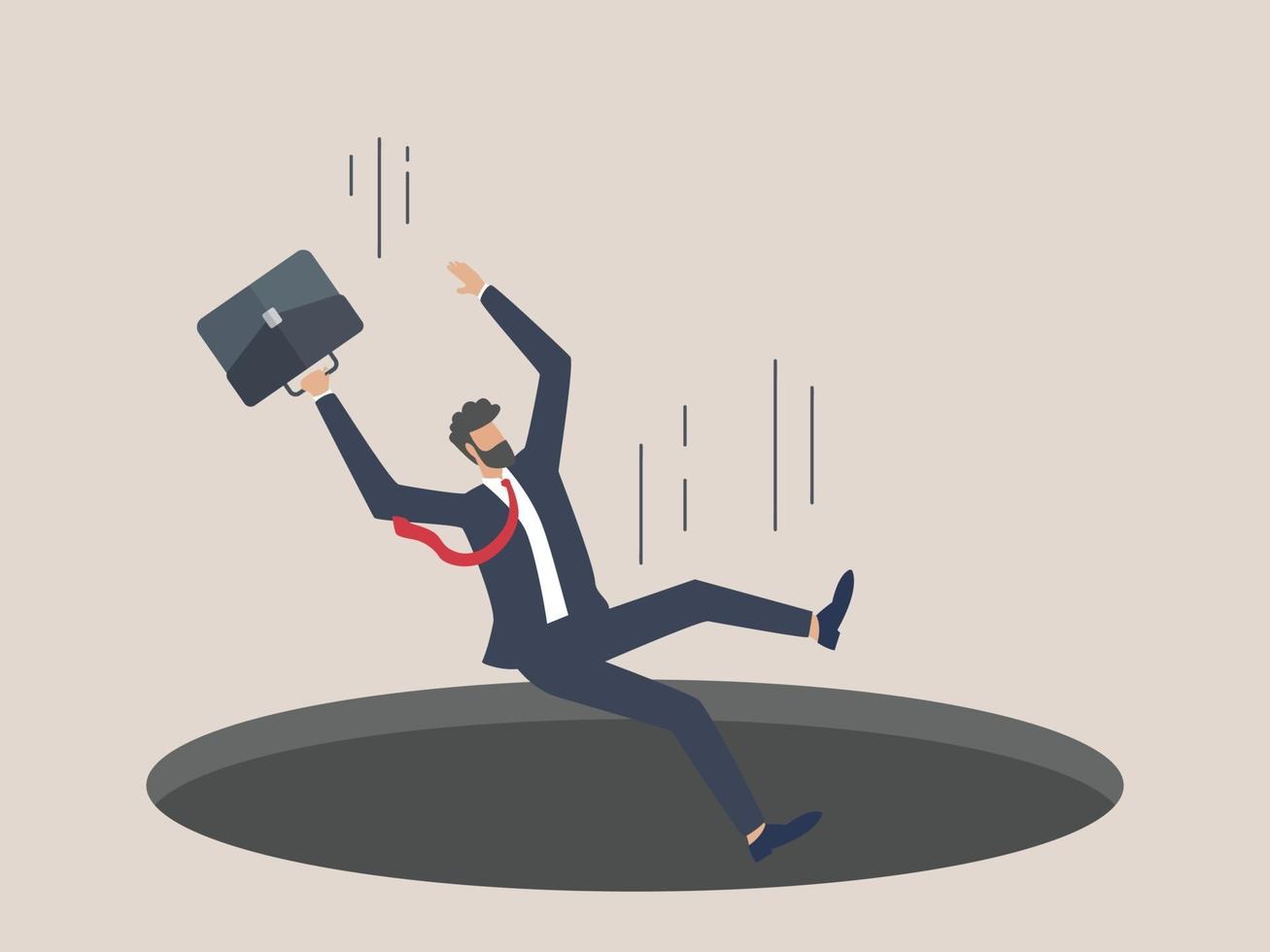 Business crisis and financial recession concept with businessman falling into a hole vector