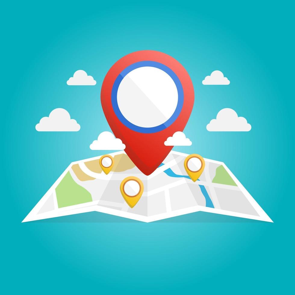 Vector map illustration with markers and clouds