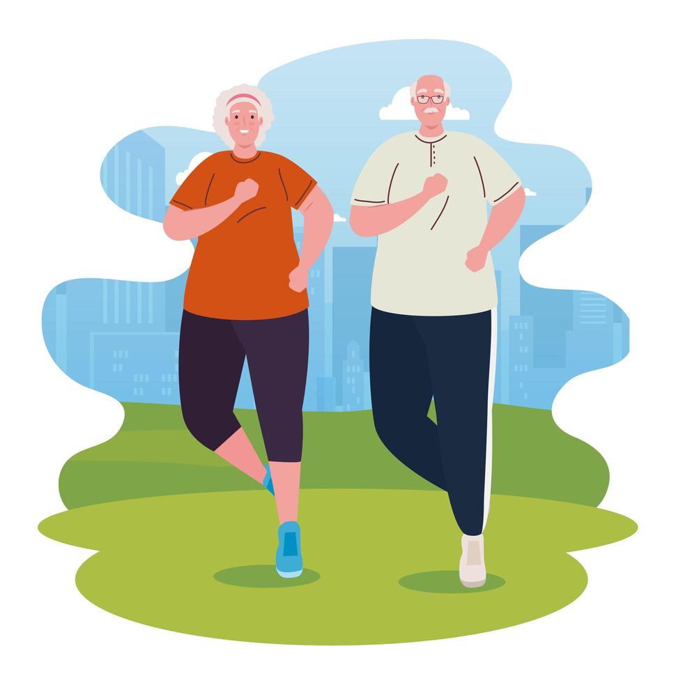 Linda pareja de ancianos corriendo al aire libre, el deporte y el concepto de ejercicio vector