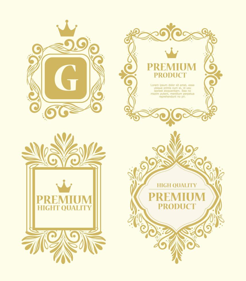 Set of premium product labels on a gold frames vector