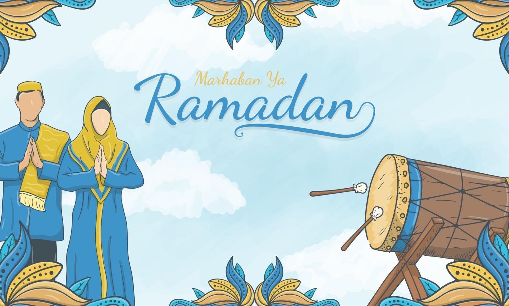 dibujado a mano marhaban ya ramadán con adornos islámicos y carácter musulmán vector