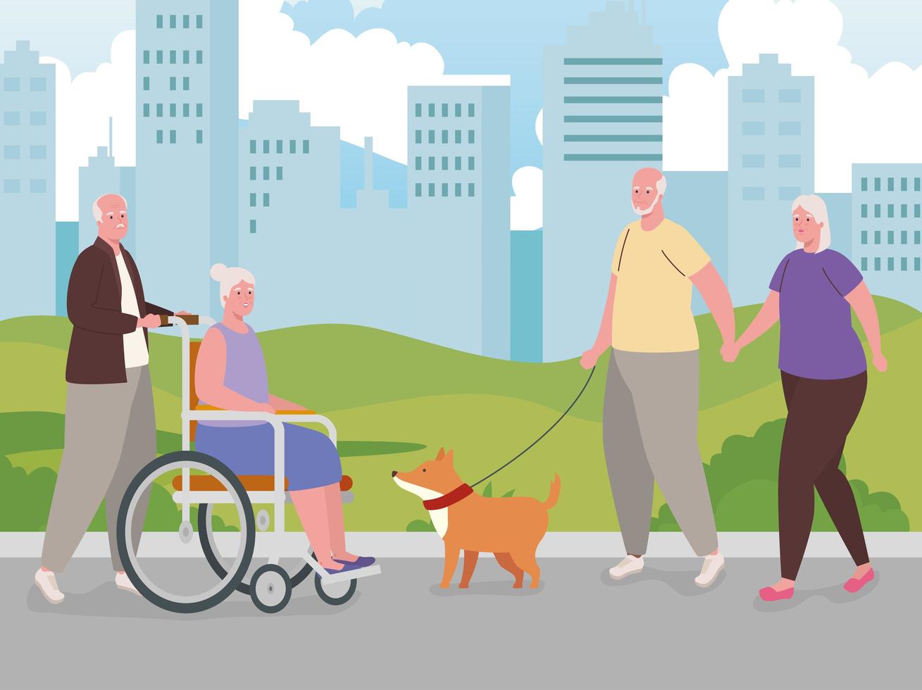 Senior citizens doing activities outdoors vector