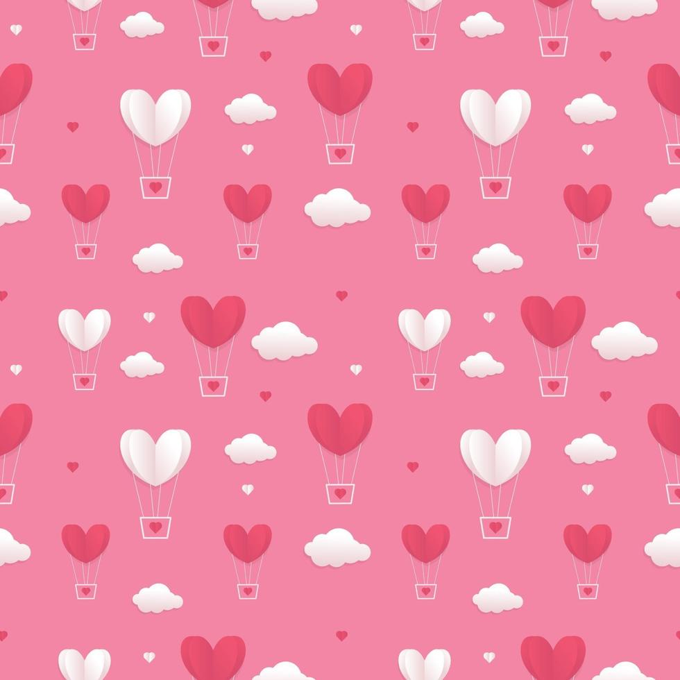 San Valentín corazones globos y nubes volando sobre fondo de cielo rosa. patrón sin costuras para la tarjeta de felicitación del día de san valentín vector