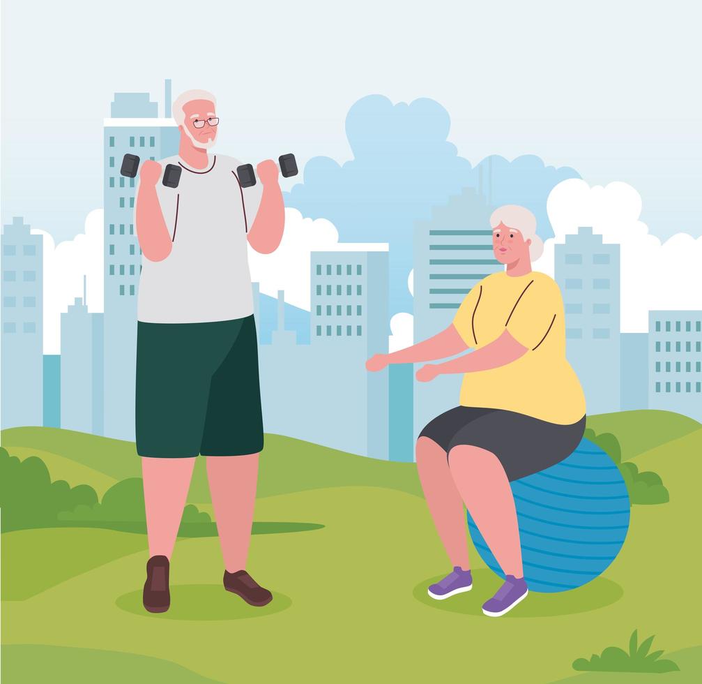 pareja de ancianos haciendo ejercicios al aire libre vector