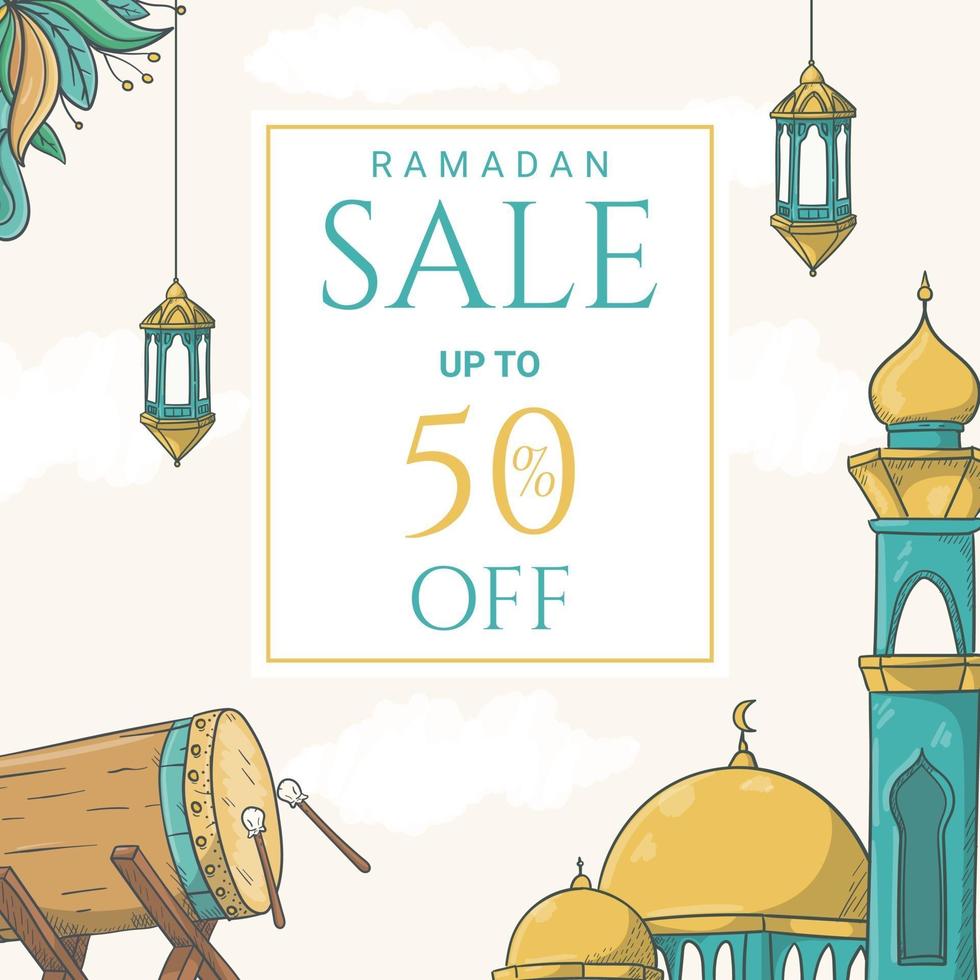 banner de venta de ramadan kareem dibujado a mano con ilustración de adorno islámico vector