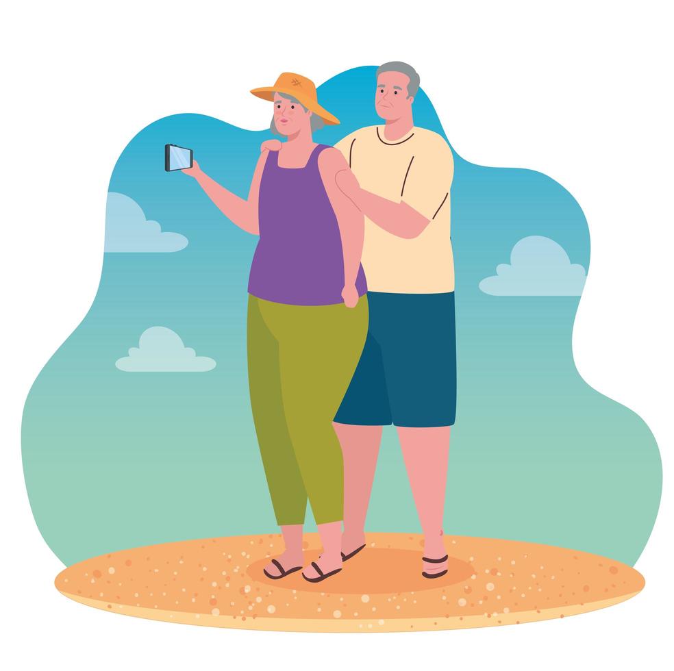 Linda pareja de ancianos tomando un selfie con smartphone vector