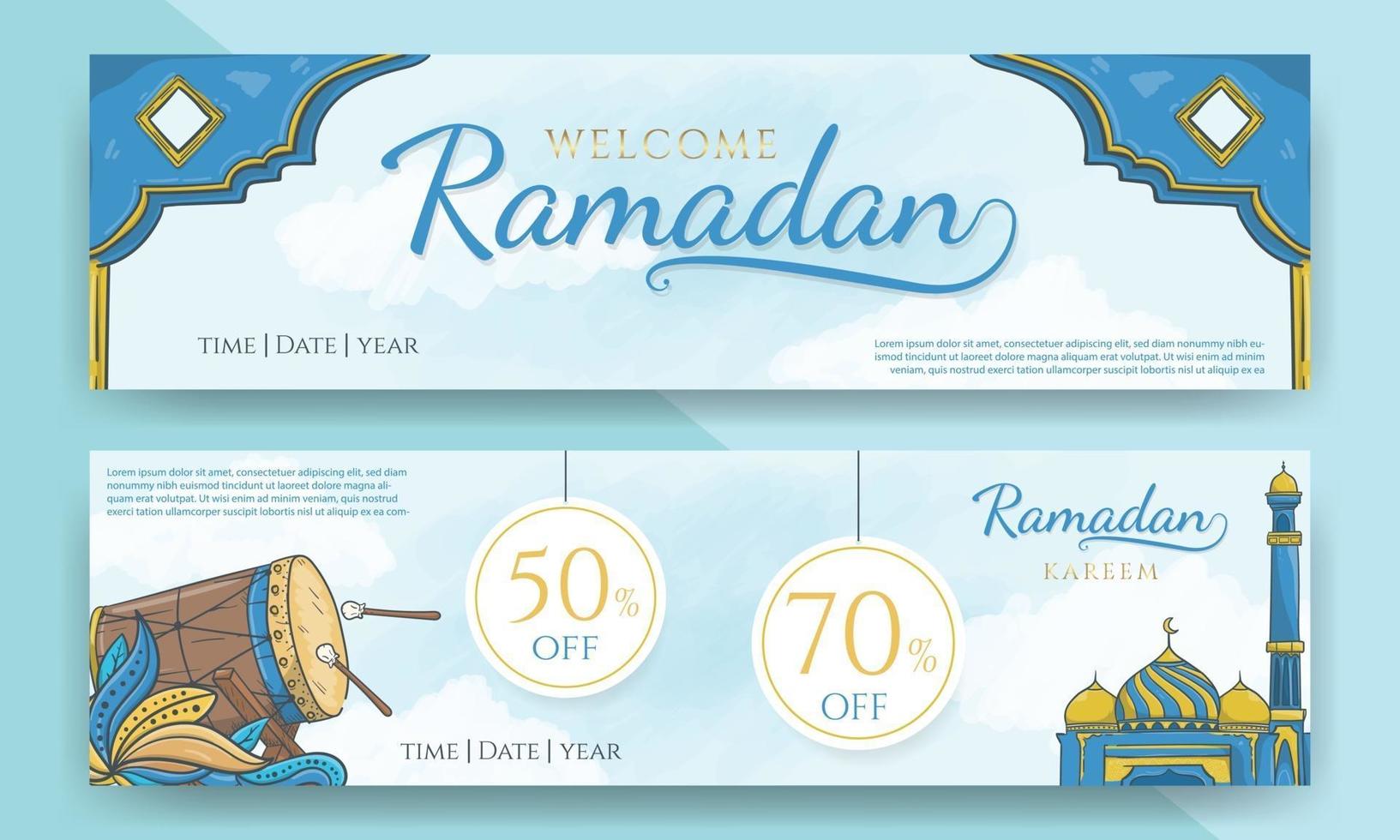 banner de venta de ramadán y ramadán de bienvenida dibujado a mano vector