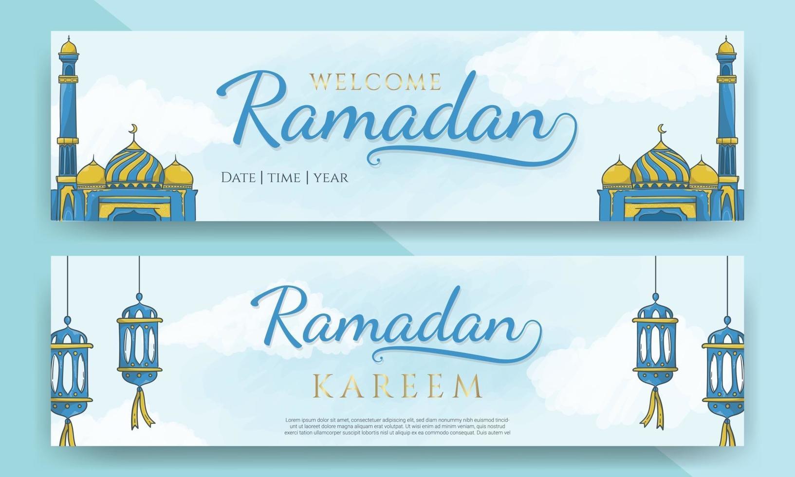 Banners horizontales de ramadan kareem con adornos islámicos dibujados a mano vector