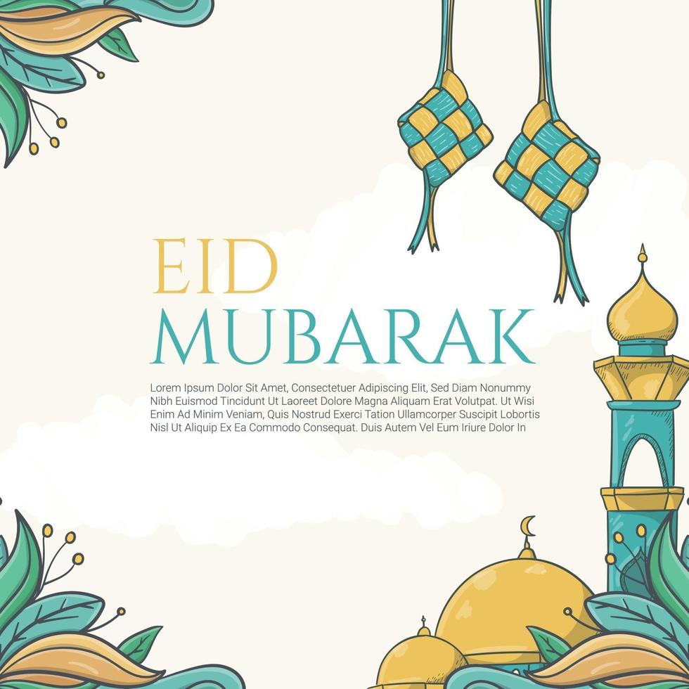 Eid Mubarak greeting beautiful lettering on the hand drawn islamic ornament background vector