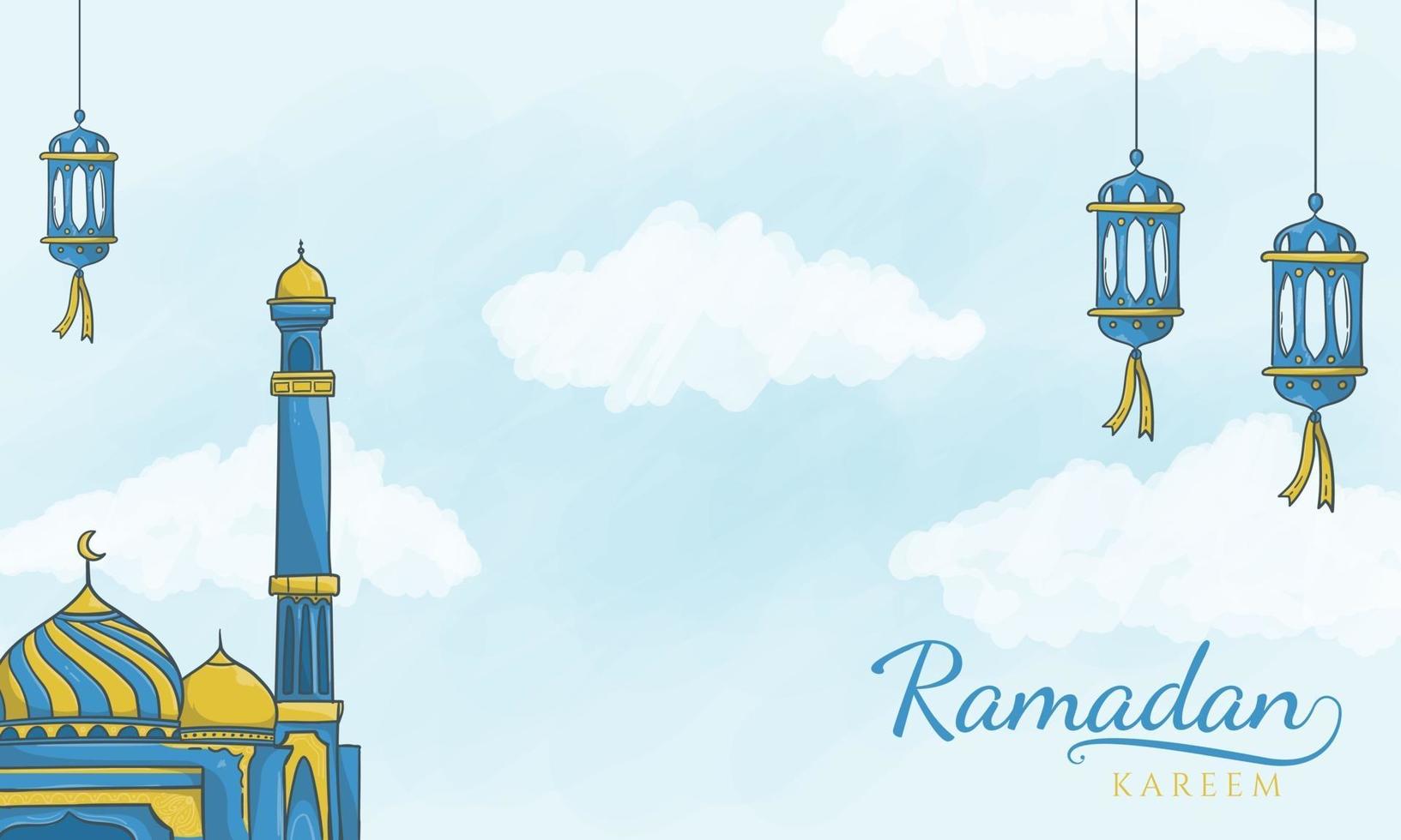 islamic latern and mosque ramadan kareem background vector
