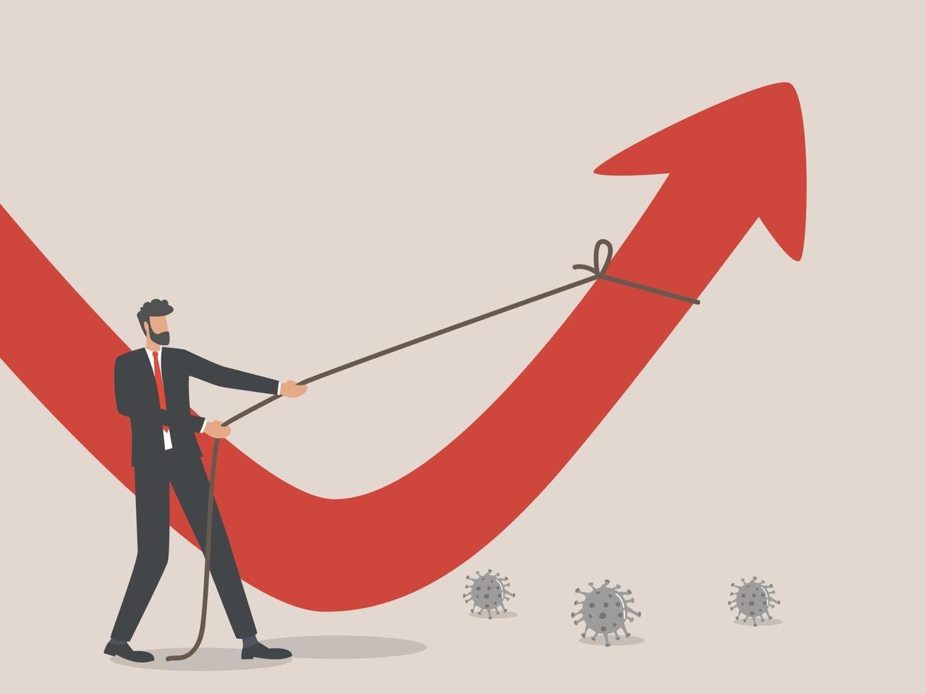 business rebuilding, a businessman pulls up a falling red arrow, the Hard Work Ahead to Restore the Global Economy after coronavirus pandemic. vector