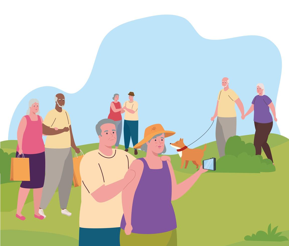 Senior citizens doing activities outdoors vector