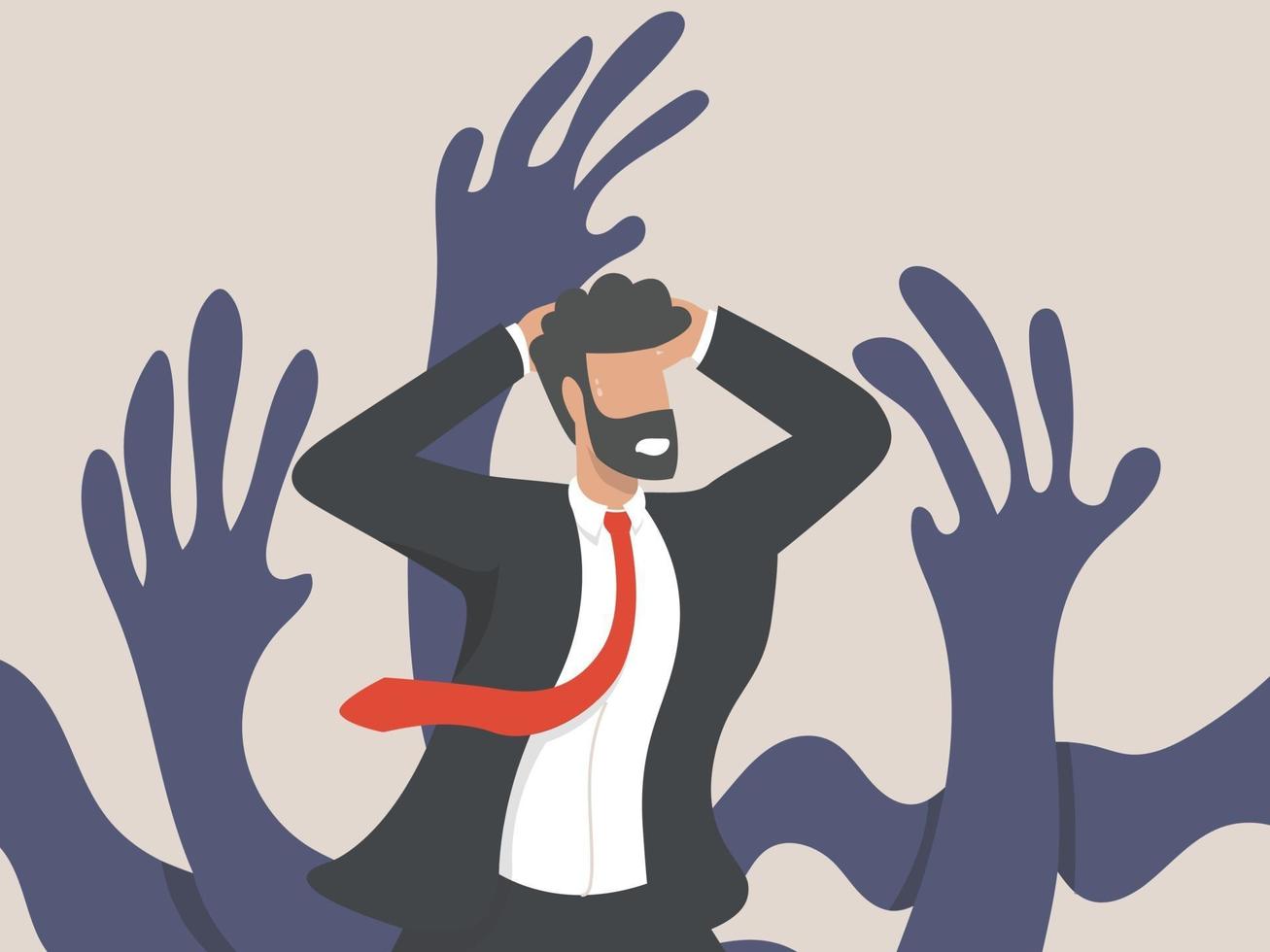 A psychological concept, a businessman character surrounded by giant creeping hands. men who are frightened or stressed out by work pressure. mental health vector