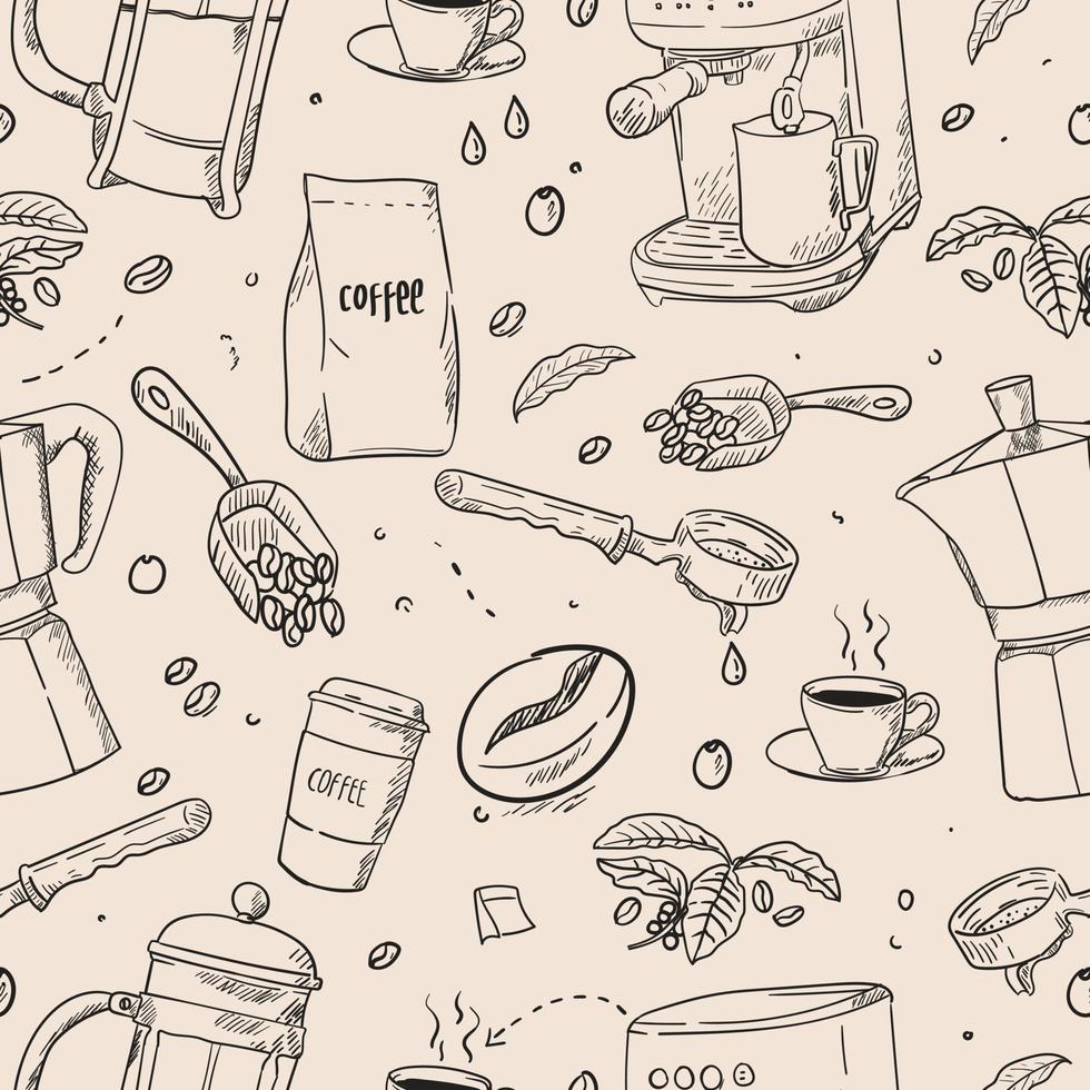 hand drawn coffee equipment seamless pattern vector