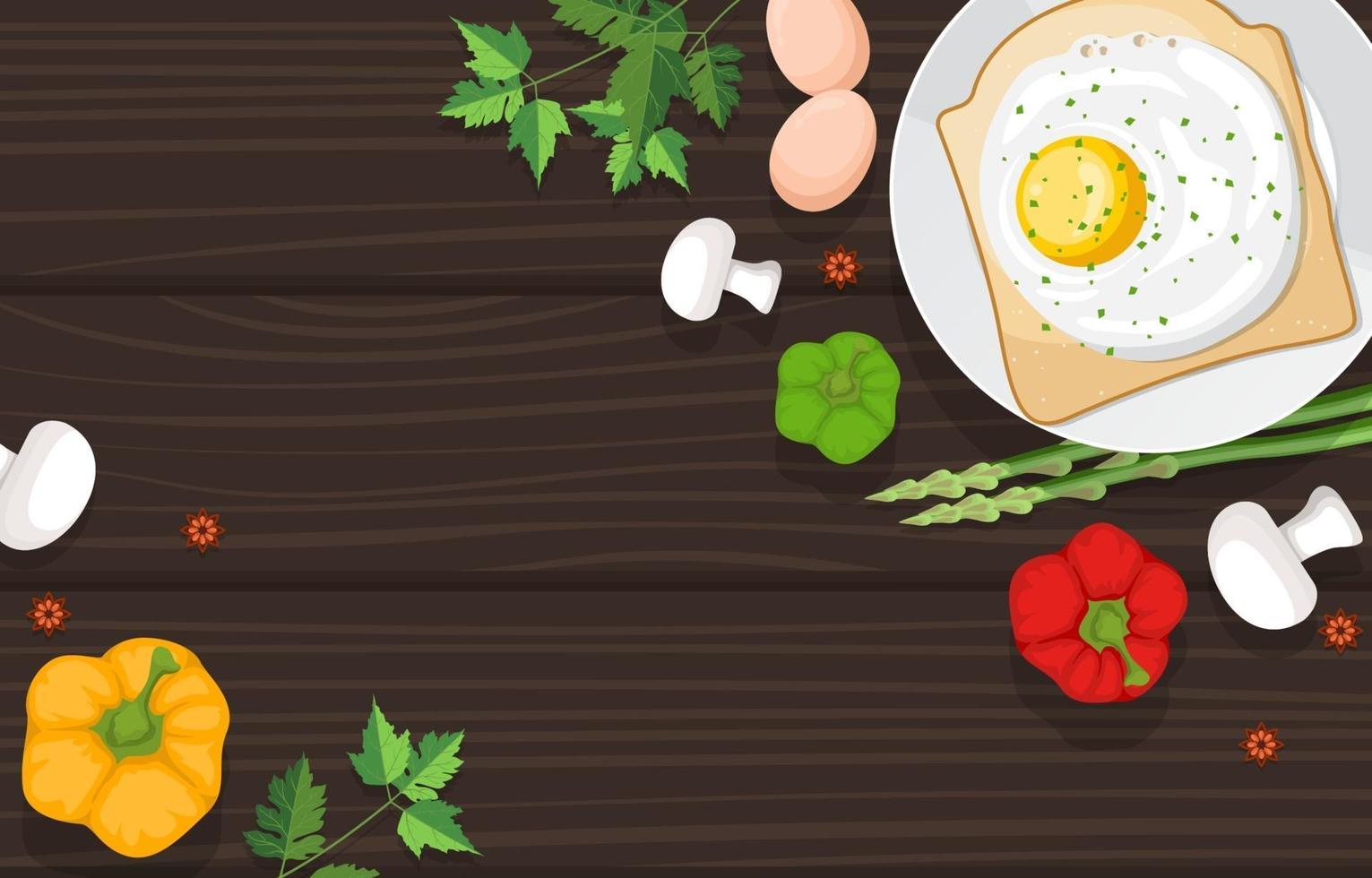 Eggs On Toast with Vegetables on Wooden Table vector