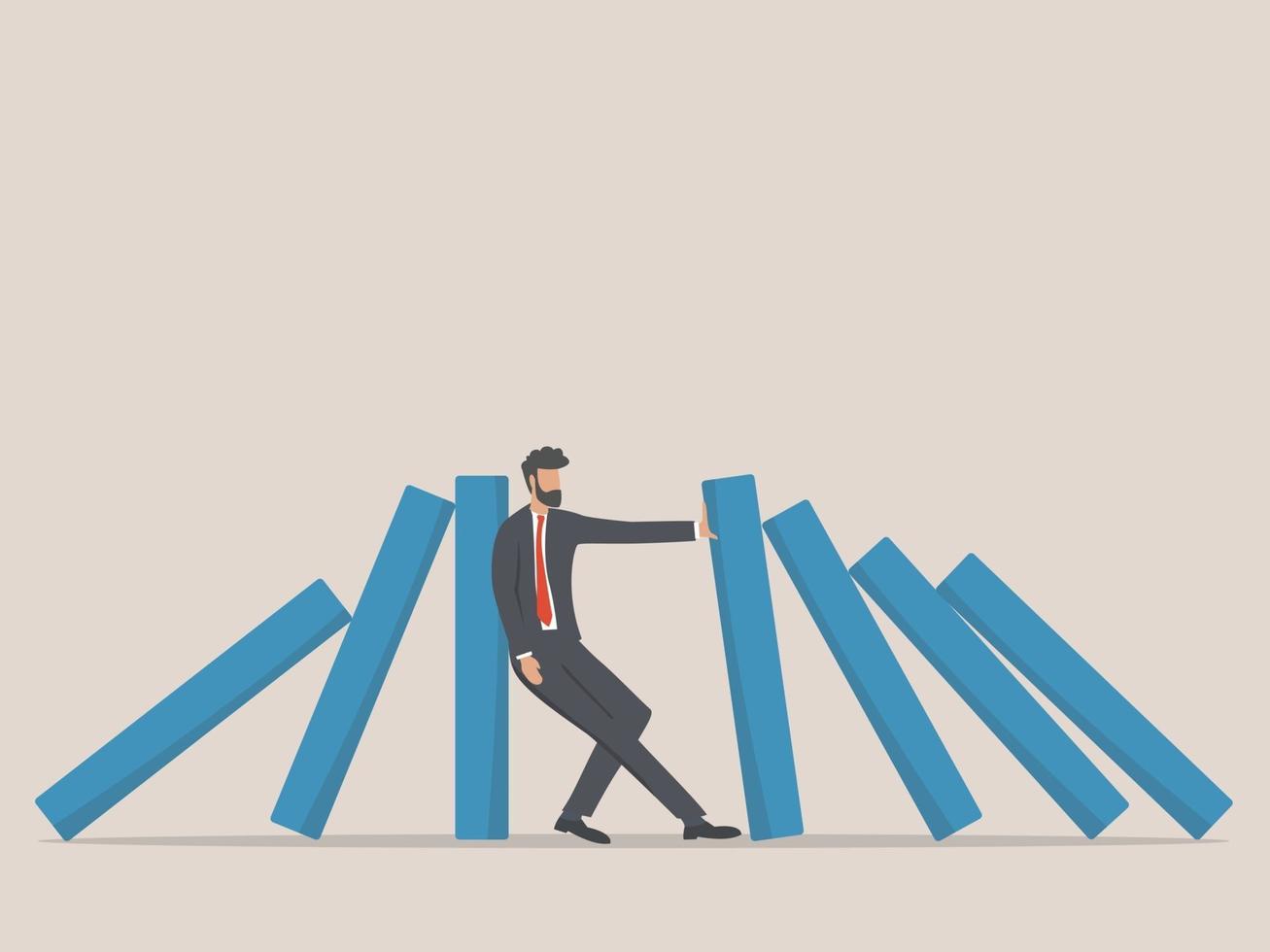 Businessman stopping falling domino. Symbol of crisis, risk, management, leadership concept. vector