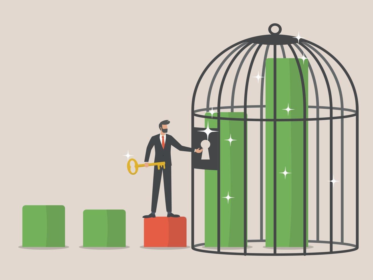 claves para el crecimiento económico, el empresario lleva una llave para abrir un gráfico ascendente encerrado en una jaula vector