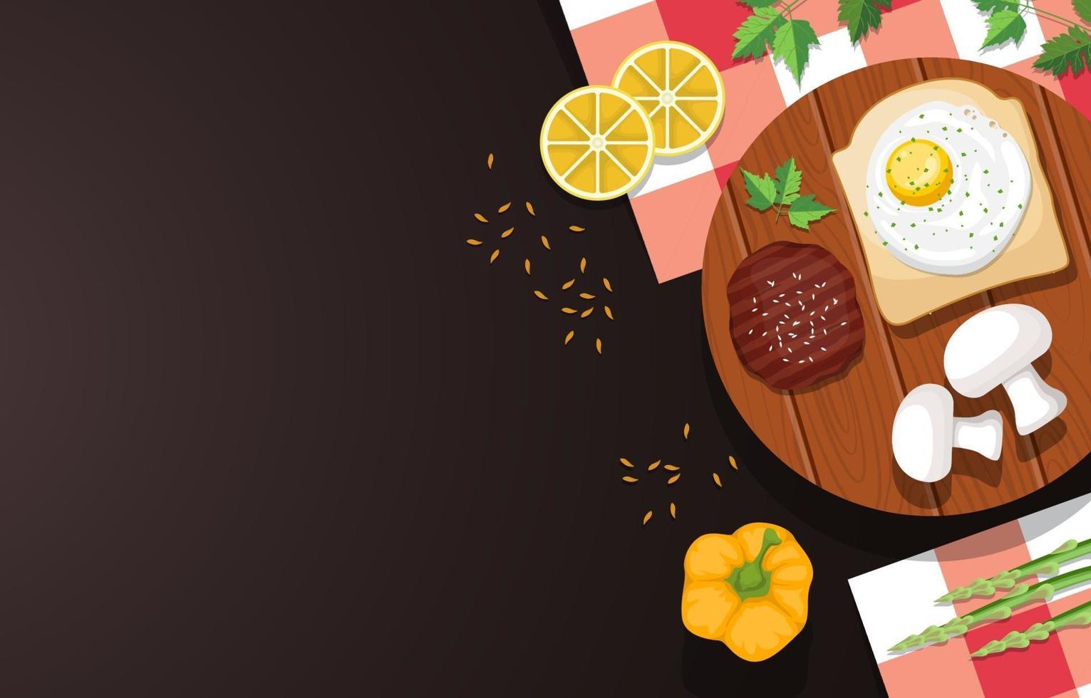 Eggs On Toast with Meat and Vegetables on Wooden Table vector