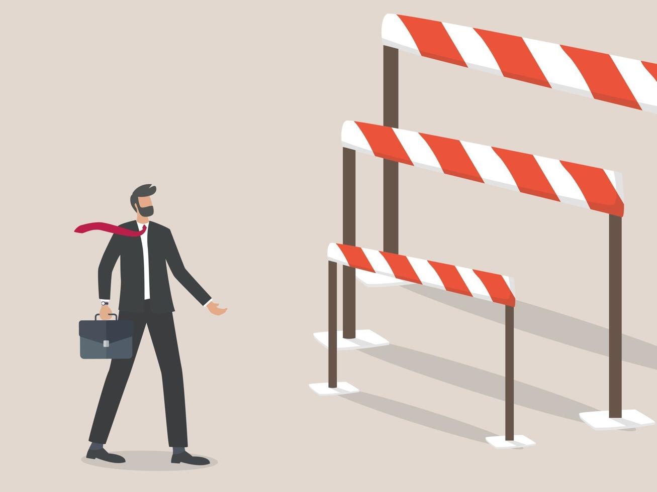 Businessman problems and challenges, businessman standing in front of a Barrier or hurdle. vector