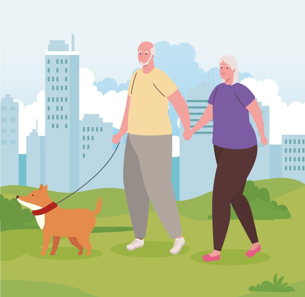 cute old couple walking the dog outdoors vector