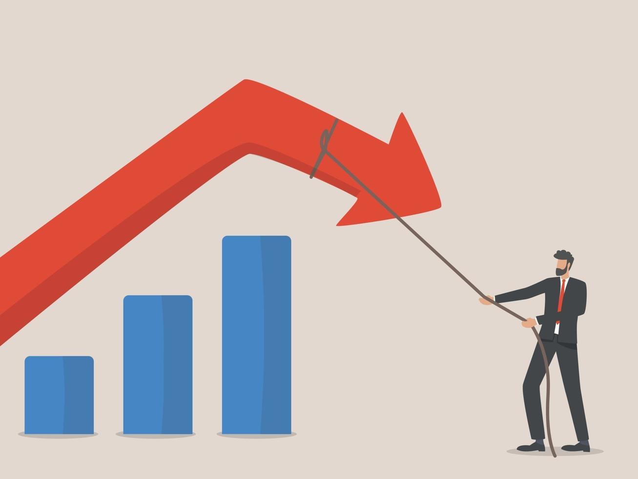 concepto de reducción de costes. el empresario tiró de la flecha hacia abajo con una cuerda vector