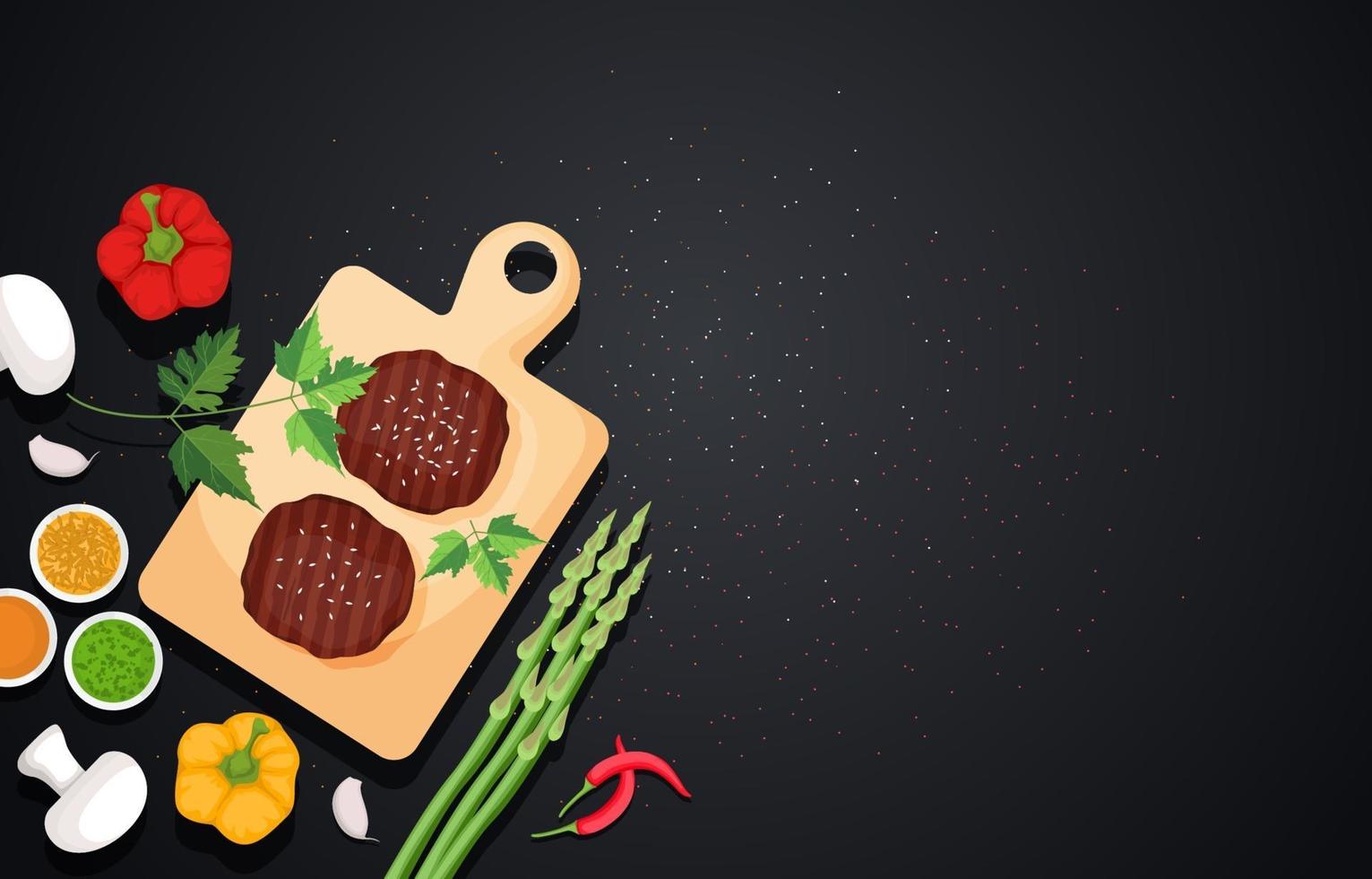 Meat Patties on Wooden Cutting Board with Vegetables vector