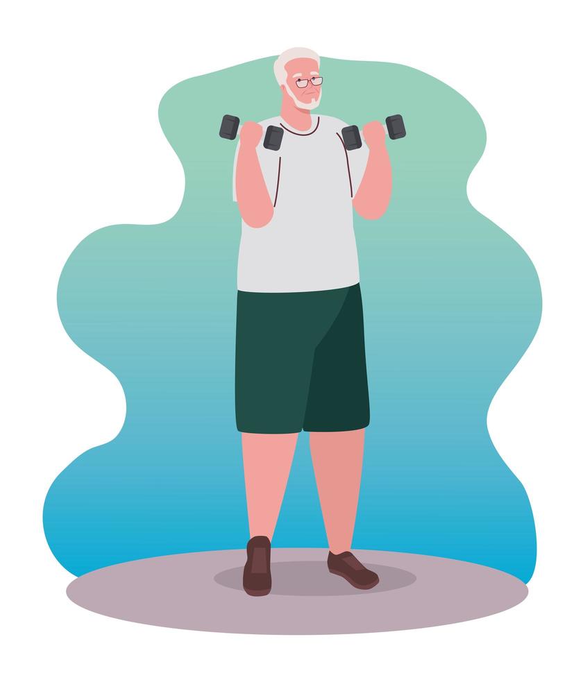 Anciano practicando ejercicio con pesas, concepto de deporte y recreación vector