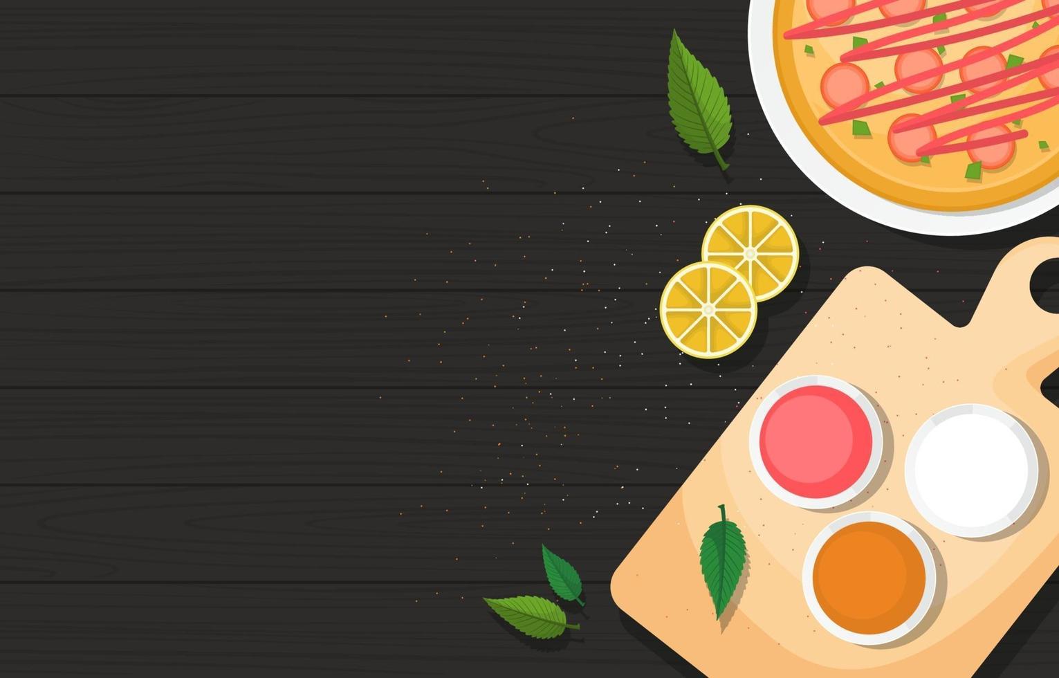 Pizza and Ingredients on Cutting Board on Kitchen Table vector