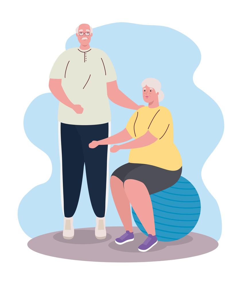 cute old couple practicing exercises vector