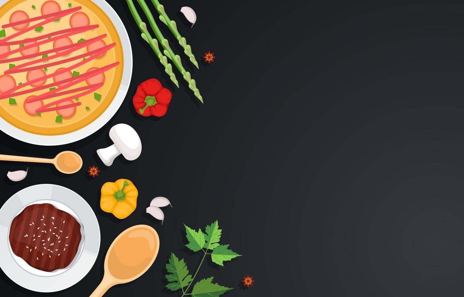 Pizza and Vegetables on Dark Kitchen Backdrop vector