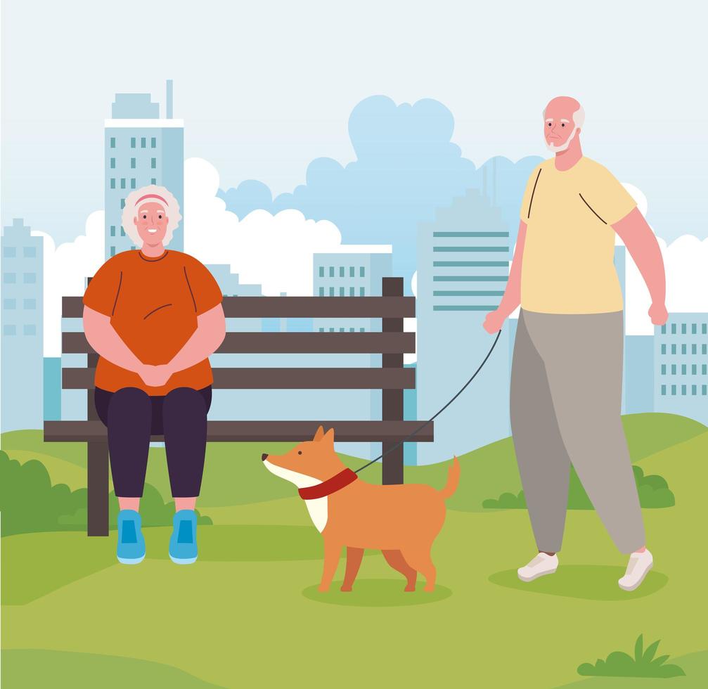 old couple at the park with dog vector