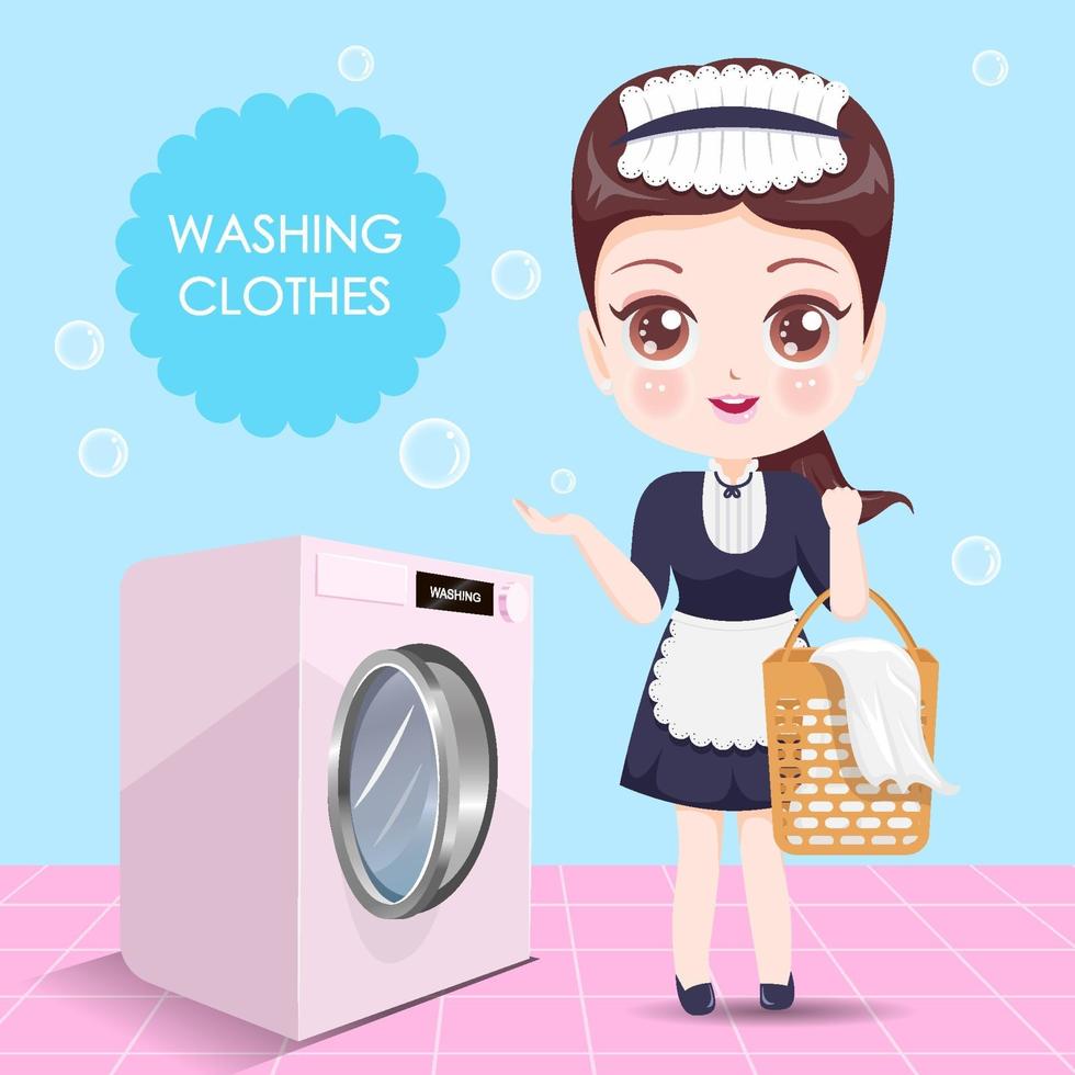 Beautiful housekeeper washing clothes vector