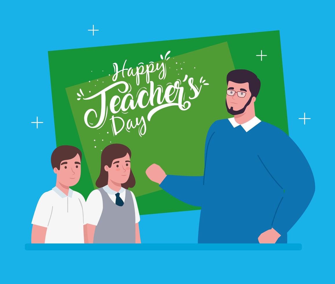 happy teachers day, with teacher and students vector