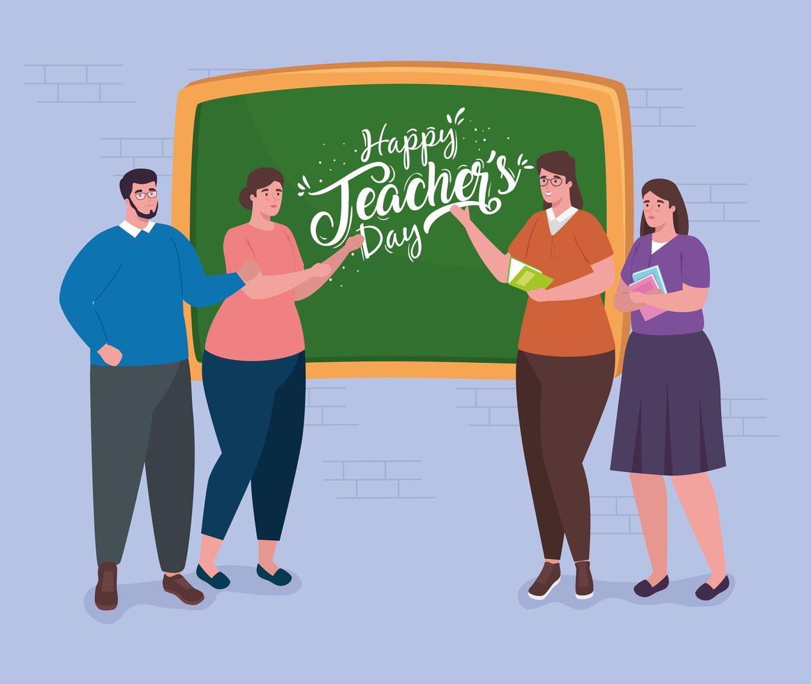 happy teachers day, with group of teachers and chalkboard vector