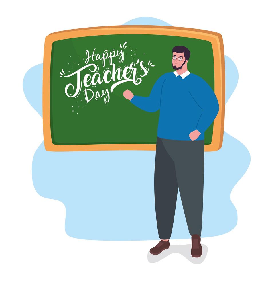 happy teachers day, with teacher and chalkboard vector