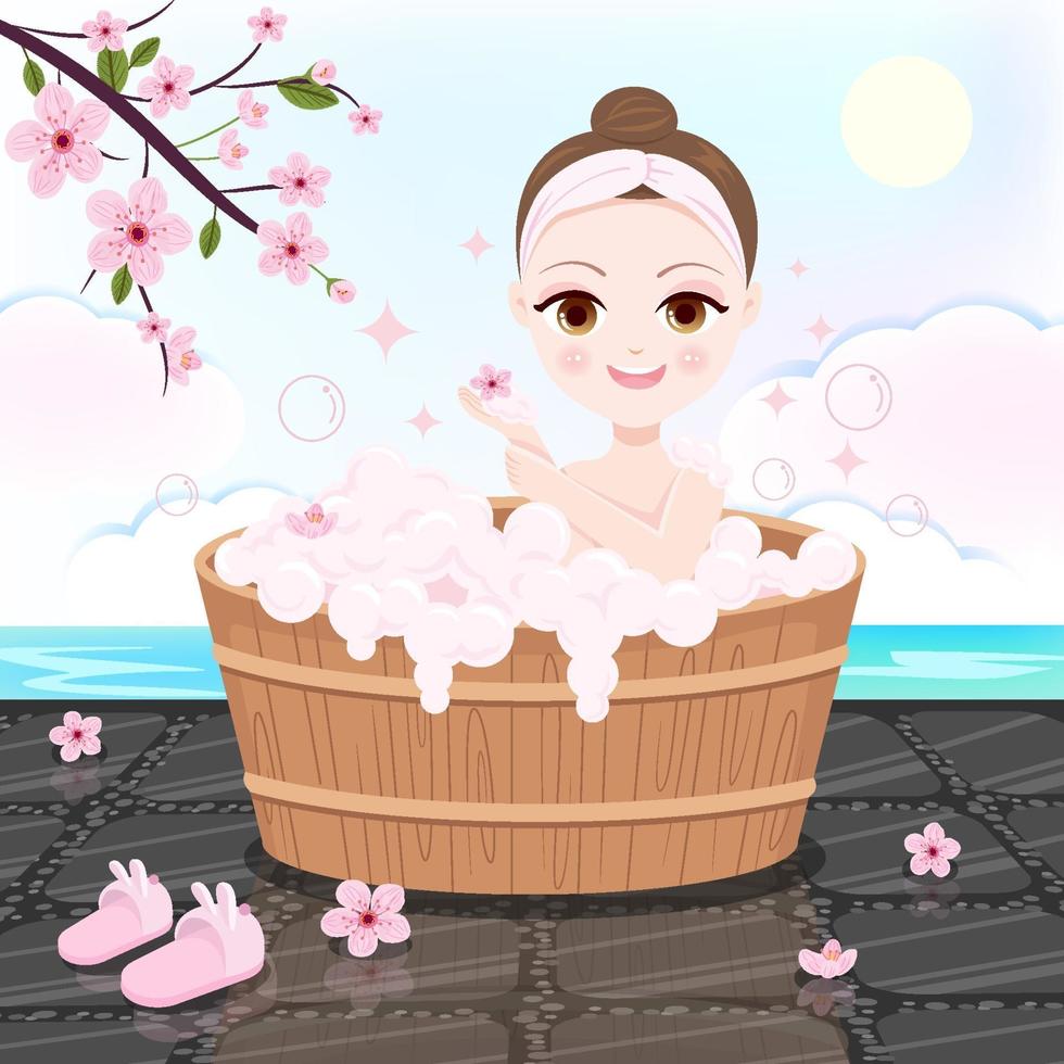 Beautiful woman bathing in the cherry blossoms vector